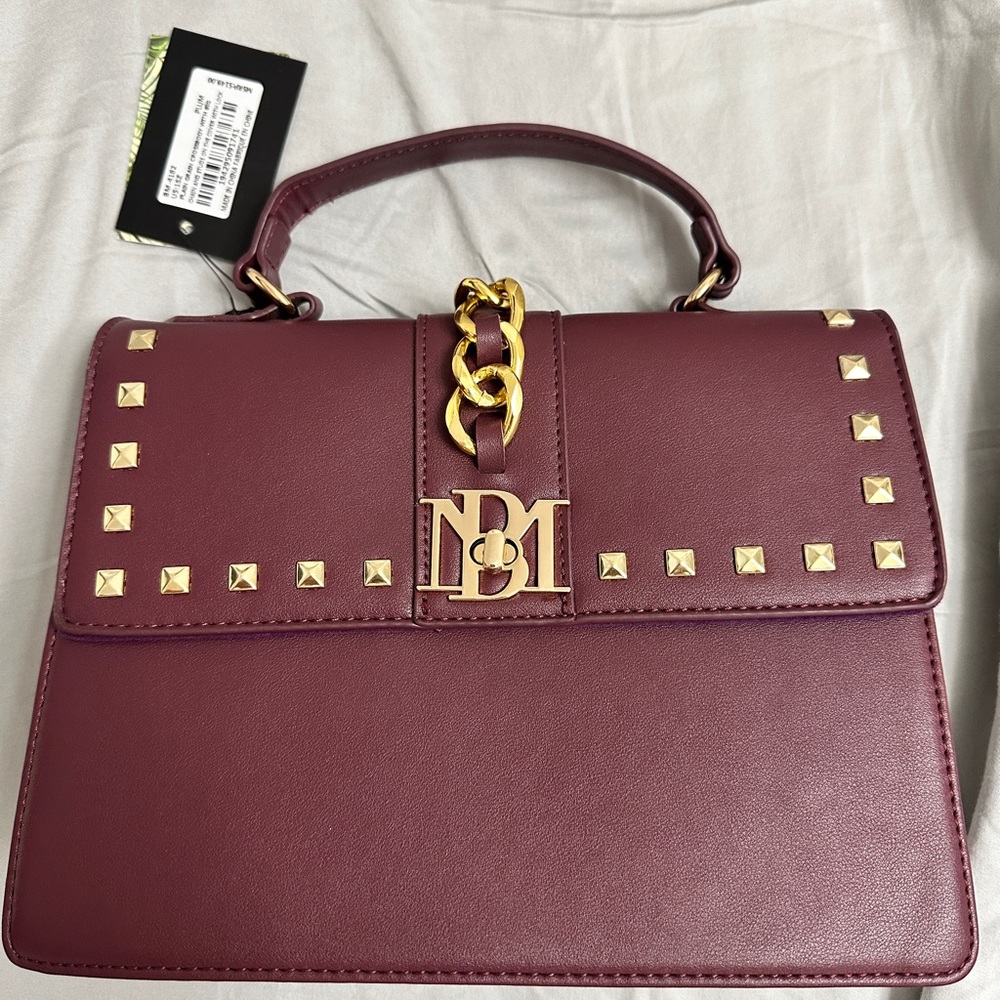 NWT Badgley Mischka Plain Grain Embellishment Plum Purple Vegan Leather Hand Bag